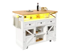 Isla de cocina móvil central - Tablero extensible - 120x71x98cm - con LED - 2 puertas y 3 cajones - estantes abiertos - Blanco