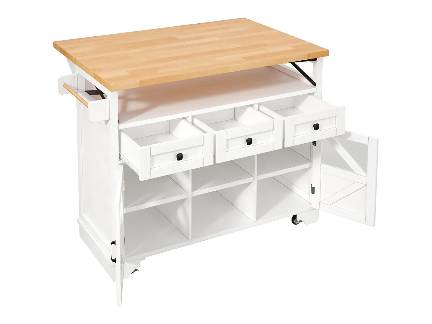 Isla de cocina móvil central - Tablero extensible - 120x71x98cm - con LED - 2 puertas y 3 cajones - estantes abiertos - Blanco
