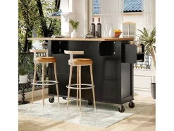 Isla de cocina móvil central - Encimera extensible - 140x72.5x90 cm - 2 cajones y 4 puertas de vidrio - con toallero - Negro