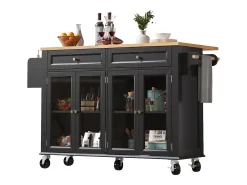 Isla de cocina móvil central - Encimera extensible - 140x72.5x90 cm - 2 cajones y 4 puertas de vidrio - con toallero - Negro