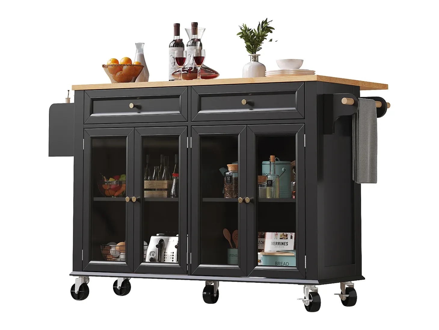 Isla de cocina móvil central - Encimera extensible - 140x72.5x90 cm - 2 cajones y 4 puertas de vidrio - con toallero - Negro