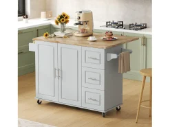 Isla de cocina móvil central - tablero extensible - con toallero - con ruedas - con 3 cajones y 2 puertas - MDF - Gris