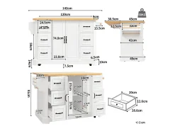 Isla de cocina móvil central - Tablero extensible - 120x75x91cm - 2 puertas y 6 cajones - con toallero - Blanco