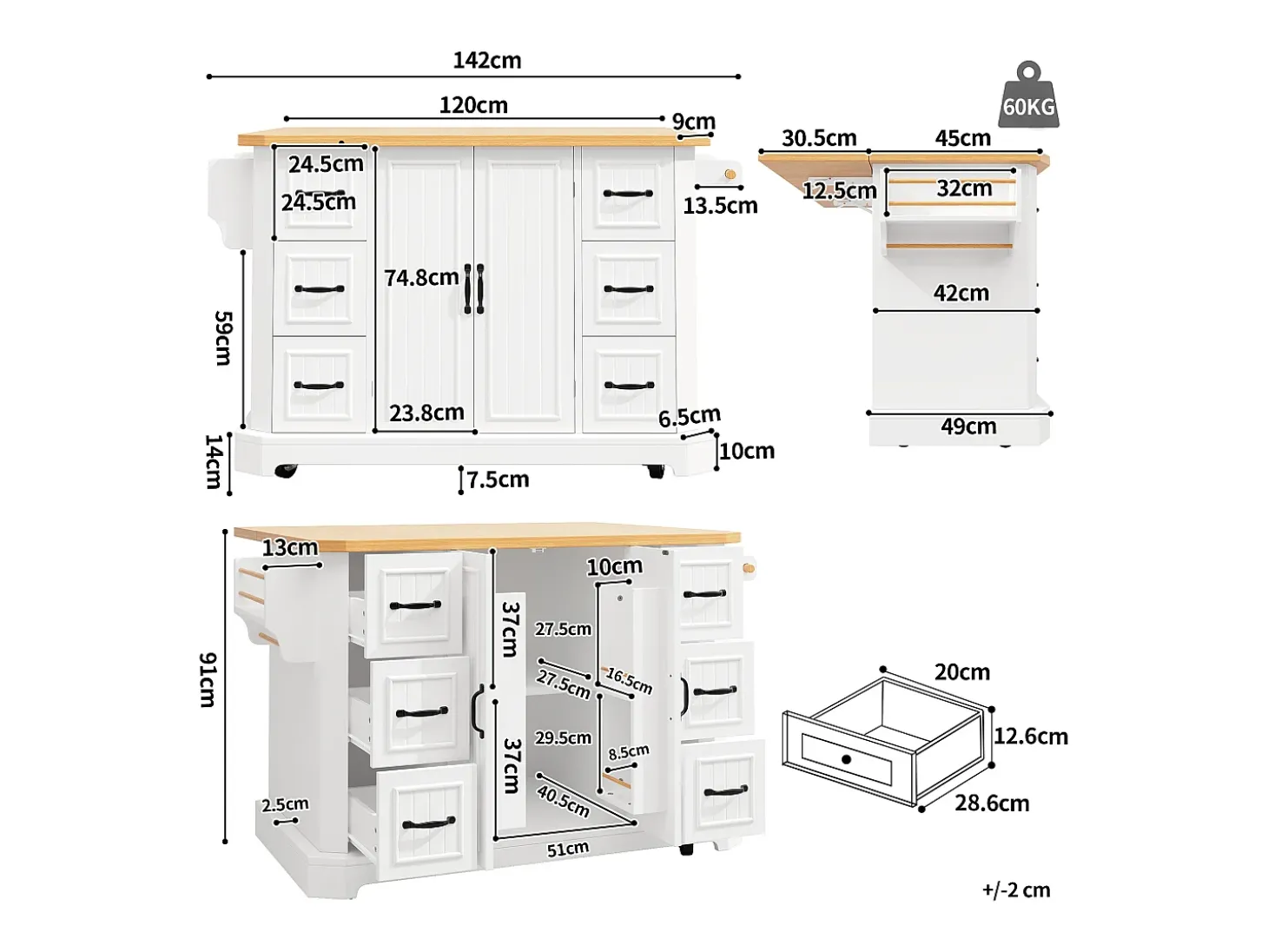 Isla de cocina móvil central - Tablero extensible - 120x75x91cm - 2 puertas y 6 cajones - con toallero - Blanco
