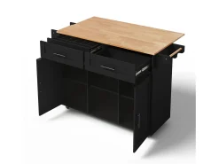 Isla de cocina móvil central - mesa de comedor plegable - con 2 puertas y 2 cajones - con porta toallas de vino y ruedas - Negro