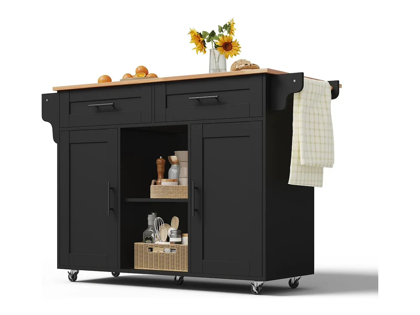 Isla de cocina móvil central - mesa de comedor plegable - con 2 puertas y 2 cajones - con porta toallas de vino y ruedas - Negro