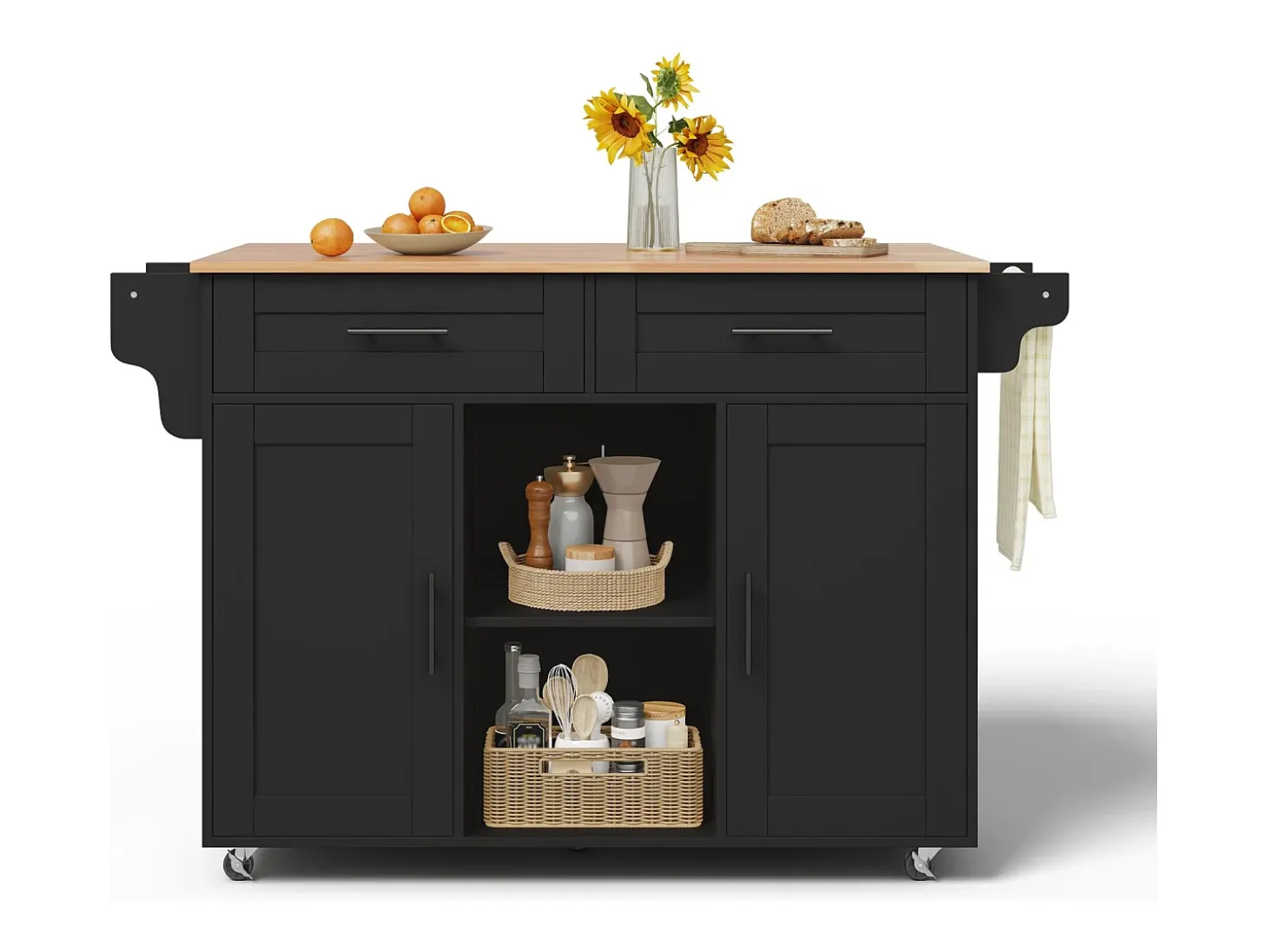 Isla de cocina móvil central - mesa de comedor plegable - con 2 puertas y 2 cajones - con porta toallas de vino y ruedas - Negro