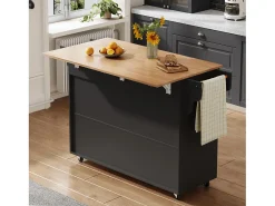 Isla de cocina móvil central - mesa de comedor plegable - con 2 puertas y 2 cajones - con porta toallas de vino y ruedas - Negro