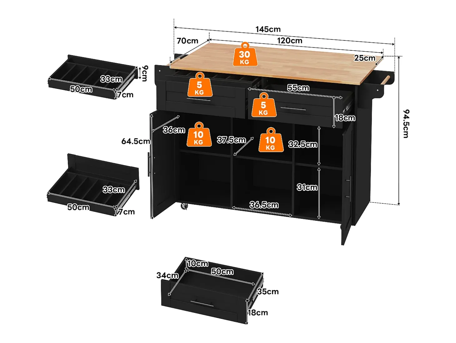 Isla de cocina móvil central - mesa de comedor plegable - con 2 puertas y 2 cajones - con porta toallas de vino y ruedas - Negro