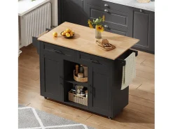 Isla de cocina móvil central - mesa de comedor plegable - con 2 puertas y 2 cajones - con porta toallas de vino y ruedas - Negro