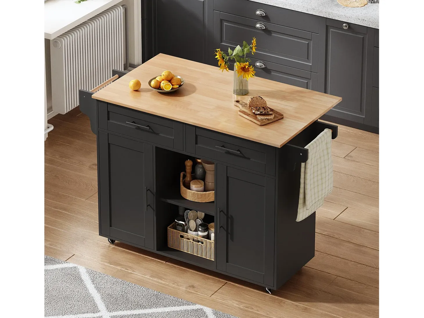 Isla de cocina móvil central - mesa de comedor plegable - con 2 puertas y 2 cajones - con porta toallas de vino y ruedas - Negro