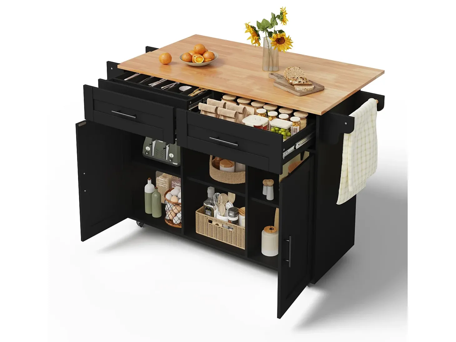 Isla de cocina móvil central - mesa de comedor plegable - con 2 puertas y 2 cajones - con porta toallas de vino y ruedas - Negro