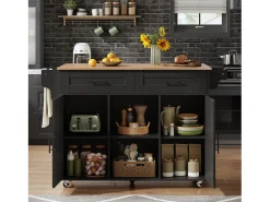 Isla de cocina móvil central - mesa de comedor plegable - con 2 puertas y 2 cajones - con porta toallas de vino y ruedas - Negro