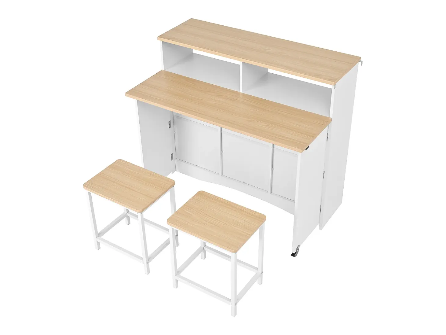 Isla de cocina móvil central 110x34x97.5cm - tablero extensible y sillas de comedor ocultas - espacio de almacenamiento multifuncional - blanco