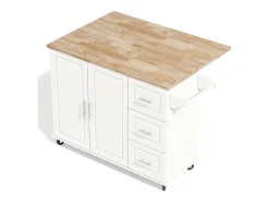 Isla de cocina móvil central - tablero extensible - con toallero - con ruedas - con 3 cajones y 2 puertas - MDF - Blanco