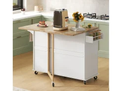 Isla de cocina móvil central - tablero extensible - con toallero - con ruedas - con 3 cajones y 2 puertas - MDF - Blanco