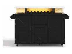 Isla de cocina móvil central - mesa de comedor plegable - con LED - con 2 puertas y 3 cajones - con portavasos de vino y ruedas - Negro