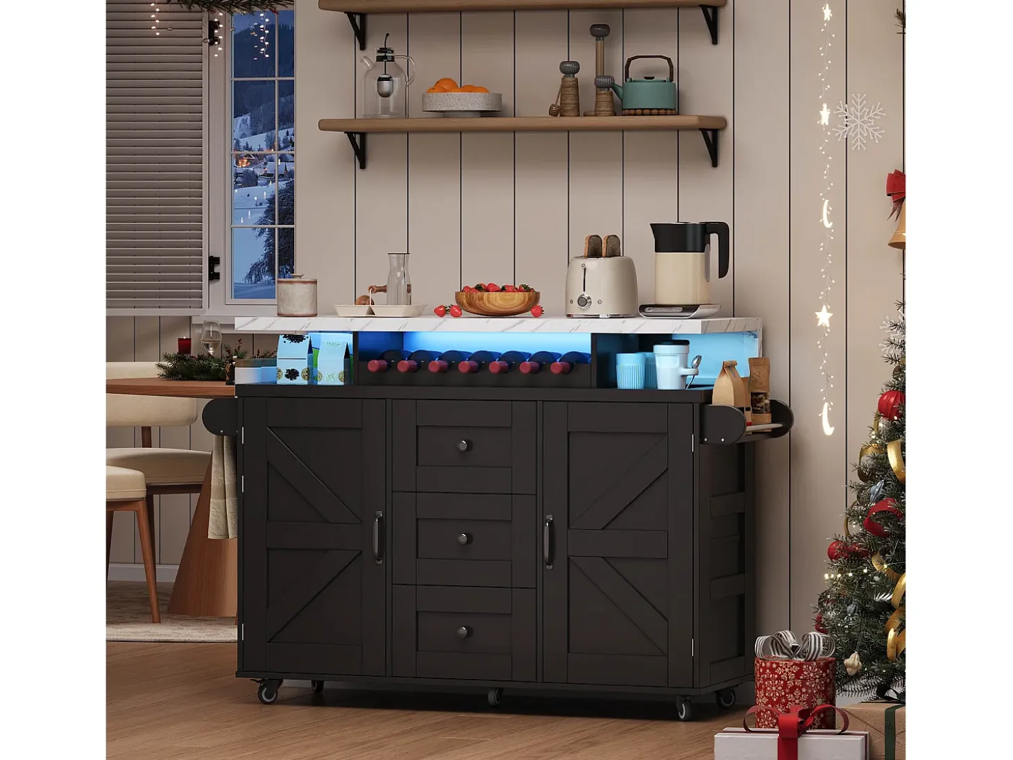 Isla de cocina móvil central - mesa de comedor plegable - con LED - con 2 puertas y 3 cajones - con portavasos de vino y ruedas - Negro