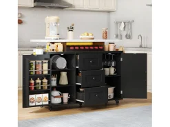 Isla de cocina móvil central - mesa de comedor plegable - con LED - con 2 puertas y 3 cajones - con portavasos de vino y ruedas - Negro