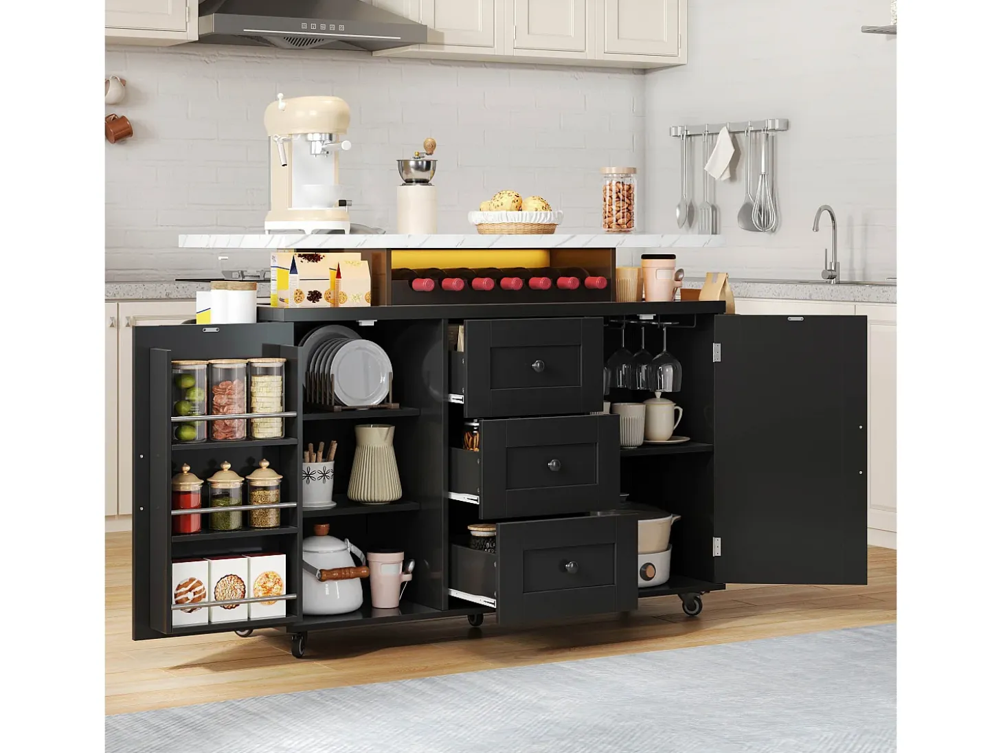 Isla de cocina móvil central - mesa de comedor plegable - con LED - con 2 puertas y 3 cajones - con portavasos de vino y ruedas - Negro