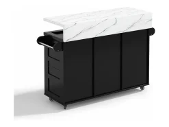 Isla de cocina móvil central - mesa de comedor plegable - con LED - con 2 puertas y 3 cajones - con portavasos de vino y ruedas - Negro