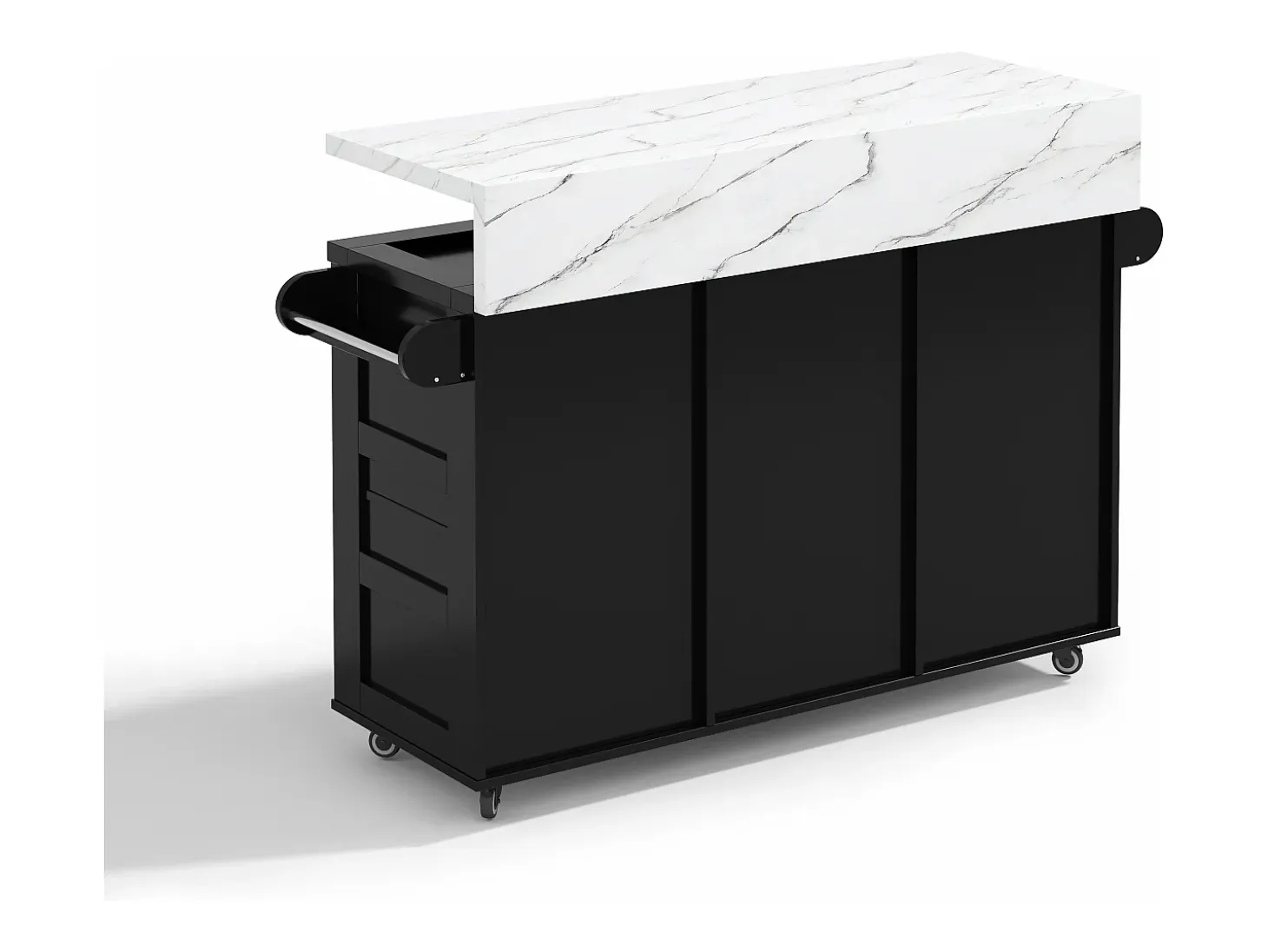 Isla de cocina móvil central - mesa de comedor plegable - con LED - con 2 puertas y 3 cajones - con portavasos de vino y ruedas - Negro