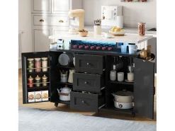 Isla de cocina móvil central - mesa de comedor plegable - con LED - con 2 puertas y 3 cajones - con portavasos de vino y ruedas - Negro
