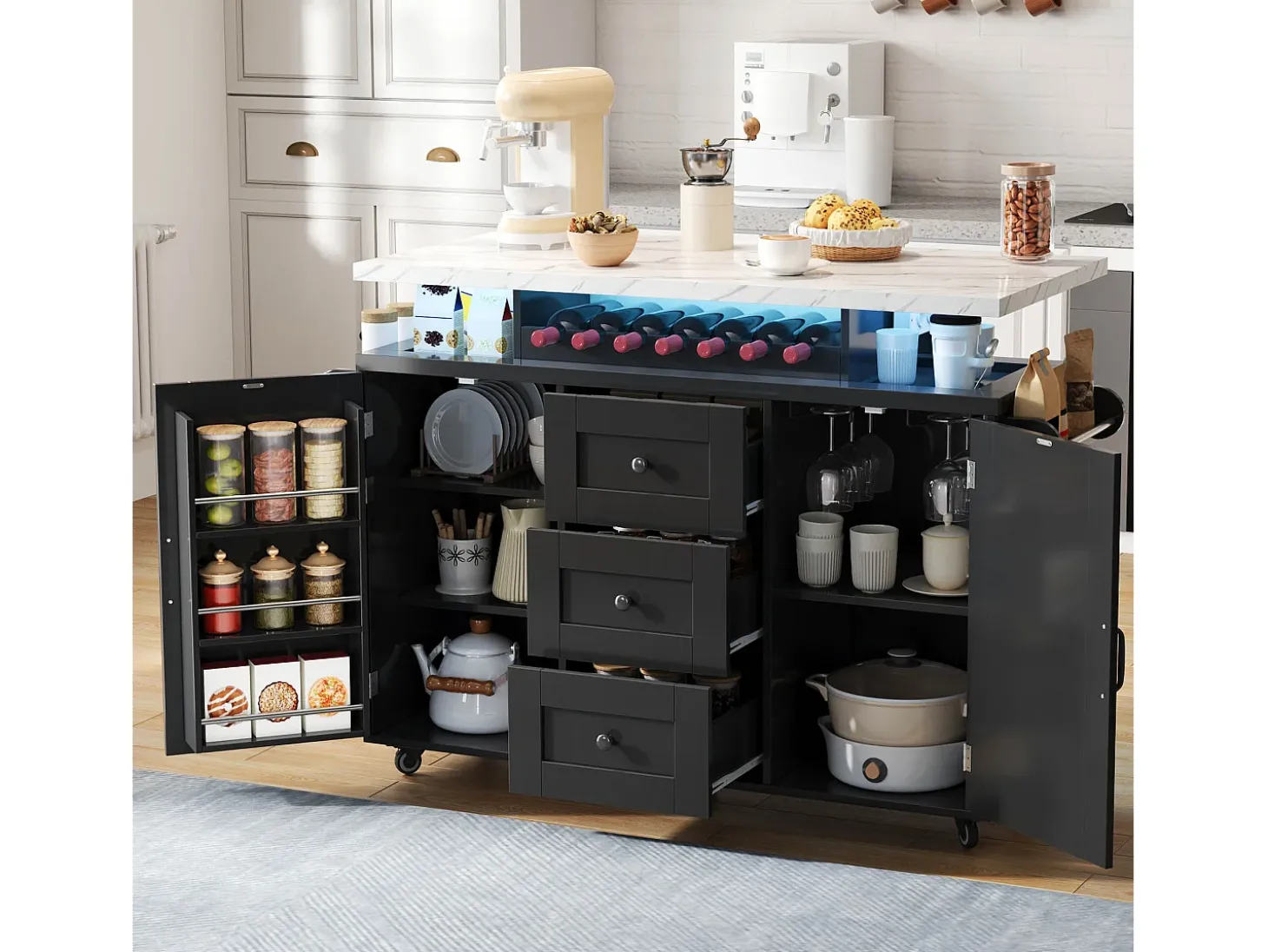Isla de cocina móvil central - mesa de comedor plegable - con LED - con 2 puertas y 3 cajones - con portavasos de vino y ruedas - Negro