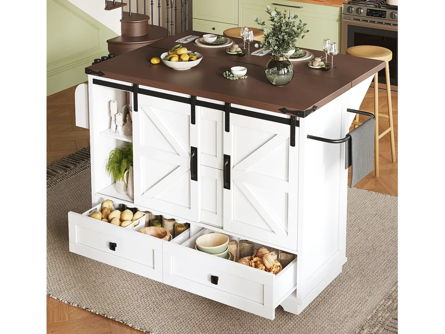 Isla de cocina móvil central - Tablero extensible - 120x73x93cm - 2 puertas y 4 cajones - con toallero - estilo campestre - Blanco