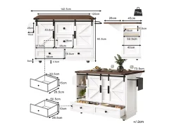 Isla de cocina móvil central - Tablero extensible - 120x73x93cm - 2 puertas y 4 cajones - con toallero - estilo campestre - Blanco