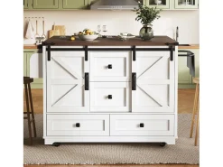 Isla de cocina móvil central - Tablero extensible - 120x73x93cm - 2 puertas y 4 cajones - con toallero - estilo campestre - Blanco