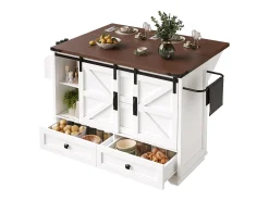 Isla de cocina móvil central - Tablero extensible - 120x73x93cm - 2 puertas y 4 cajones - con toallero - estilo campestre - Blanco