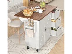 Isla de cocina móvil central con 2 puertas y 3 cajones - tapa extensible - 140 x 45/73 x 92,5 cm - Madera MDF + metal - Blanco + natural