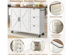 Isla de cocina móvil central con 2 puertas y 3 cajones - tapa extensible - 140 x 45/73 x 92,5 cm - Madera MDF + metal - Blanco + natural