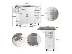 Isla de cocina móvil central con 2 puertas y 3 cajones - tapa extensible - 140 x 45/73 x 92,5 cm - Madera MDF + metal - Blanco + natural