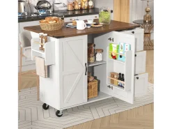 Isla de cocina móvil central con 2 puertas y 3 cajones - tapa extensible - 140 x 45/73 x 92,5 cm - Madera MDF + metal - Blanco + natural