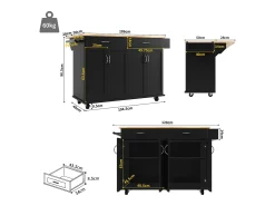 Isla de cocina móvil con 4 puertas y 2 cajones - Tablero extensible - 106x50(78)x90,5cm - Madera MDF - Negro y natural