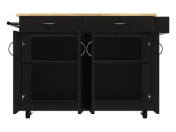 Isla de cocina móvil con 4 puertas y 2 cajones - Tablero extensible - 106x50(78)x90,5cm - Madera MDF - Negro y natural
