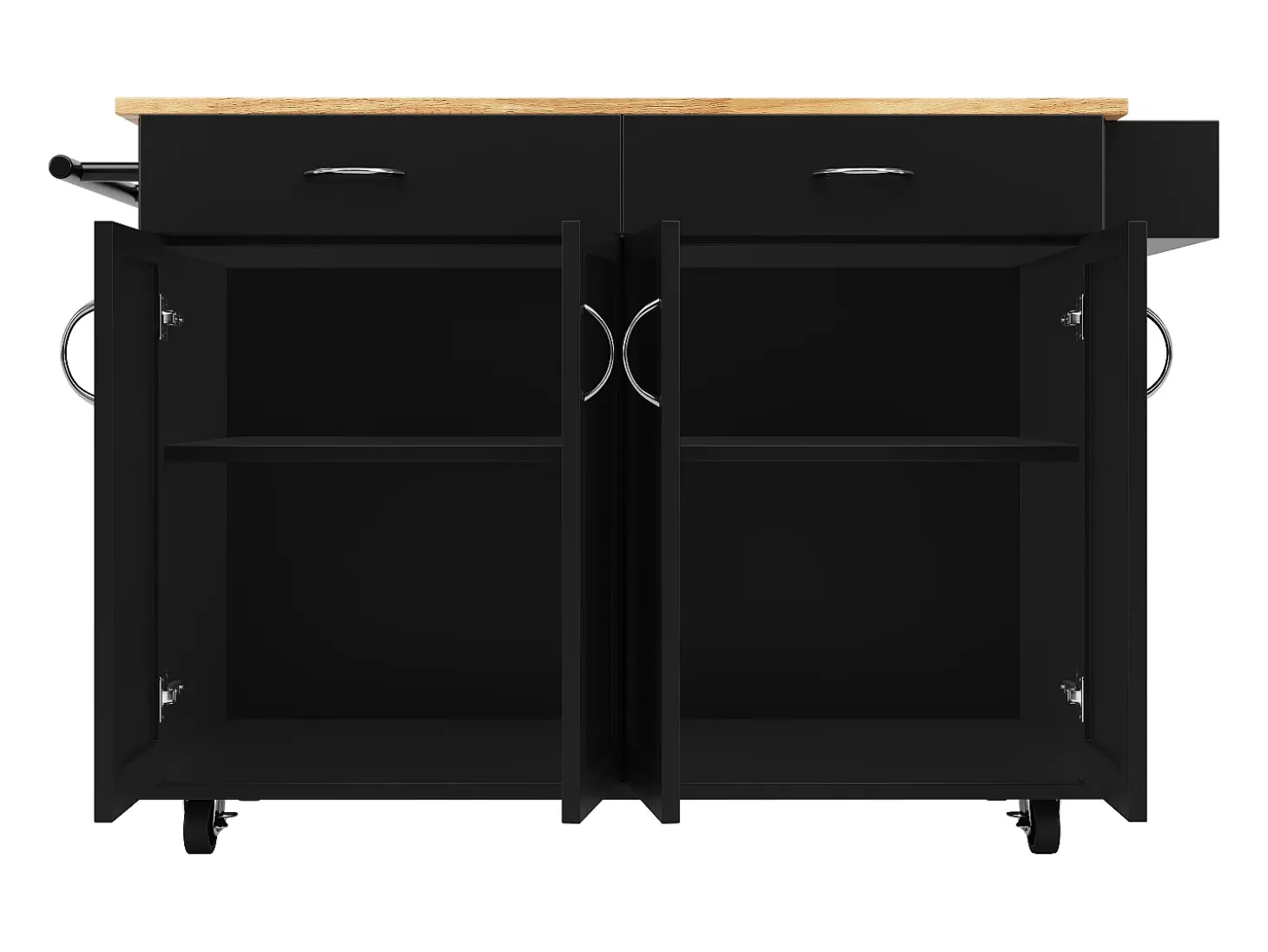 Isla de cocina móvil con 4 puertas y 2 cajones - Tablero extensible - 106x50(78)x90,5cm - Madera MDF - Negro y natural
