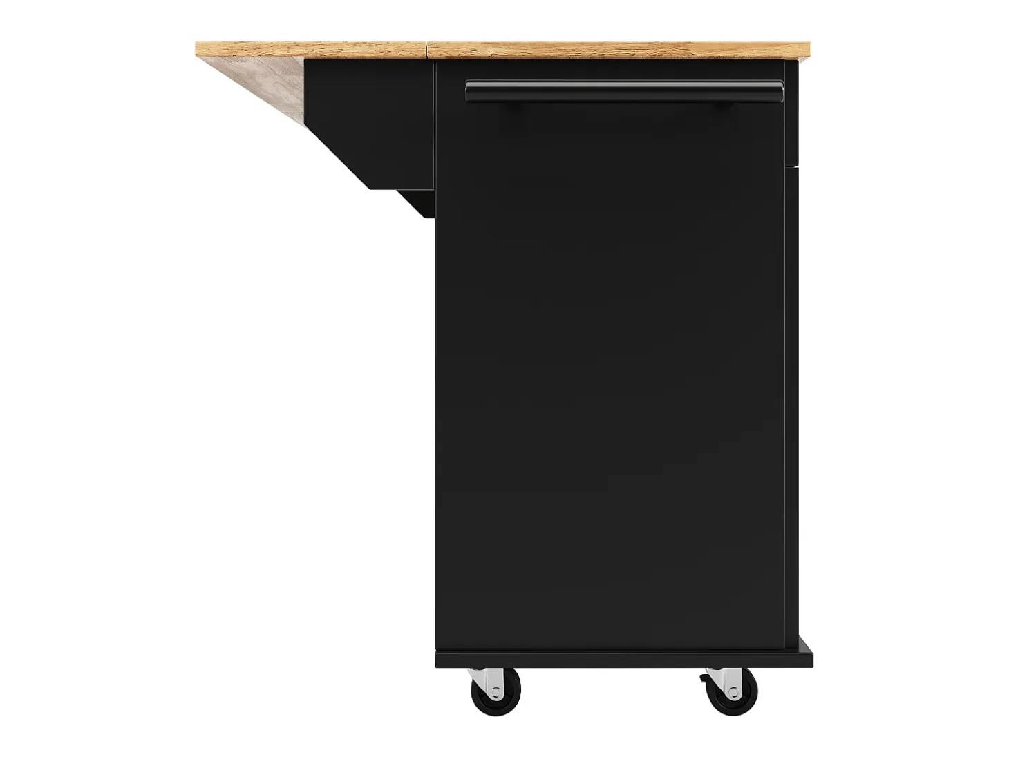 Isla de cocina móvil con 4 puertas y 2 cajones - Tablero extensible - 106x50(78)x90,5cm - Madera MDF - Negro y natural