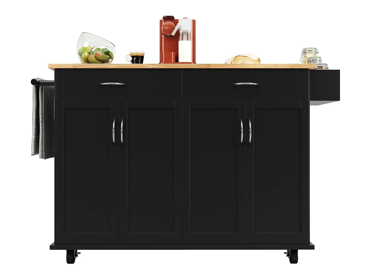 Isla de cocina móvil con 4 puertas y 2 cajones - Tablero extensible - 106x50(78)x90,5cm - Madera MDF - Negro y natural
