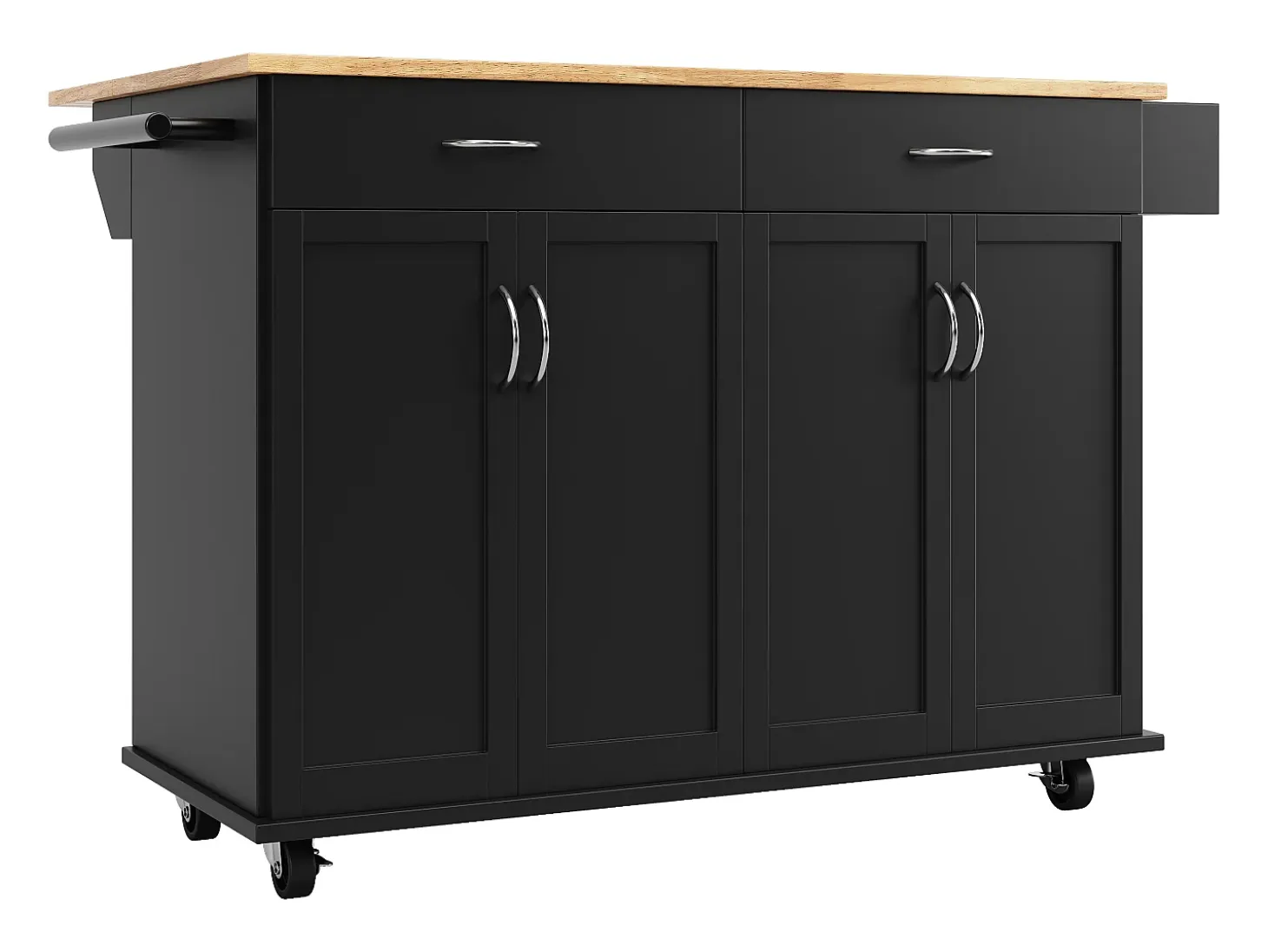 Isla de cocina móvil con 4 puertas y 2 cajones - Tablero extensible - 106x50(78)x90,5cm - Madera MDF - Negro y natural