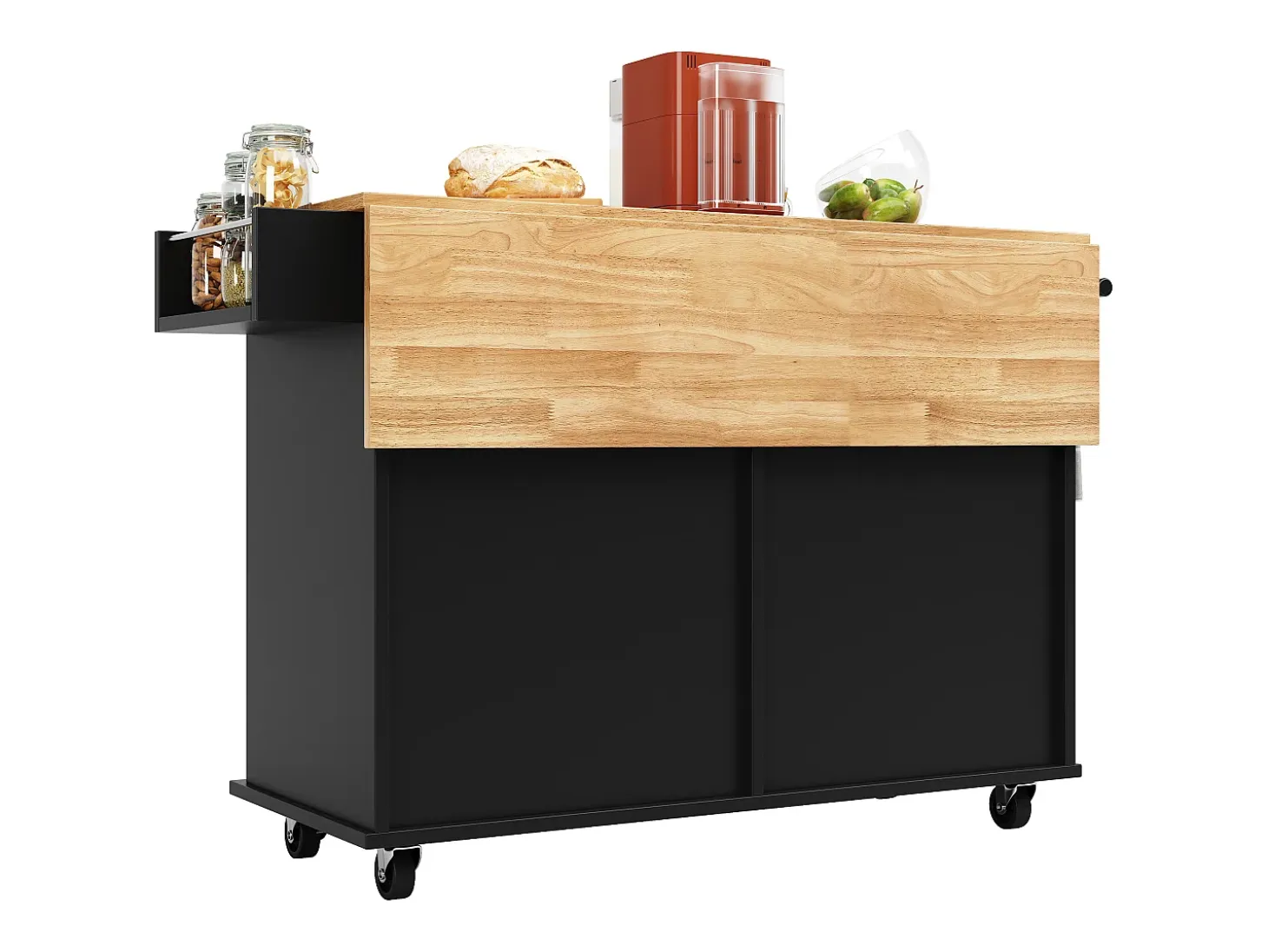 Isla de cocina móvil con 4 puertas y 2 cajones - Tablero extensible - 106x50(78)x90,5cm - Madera MDF - Negro y natural