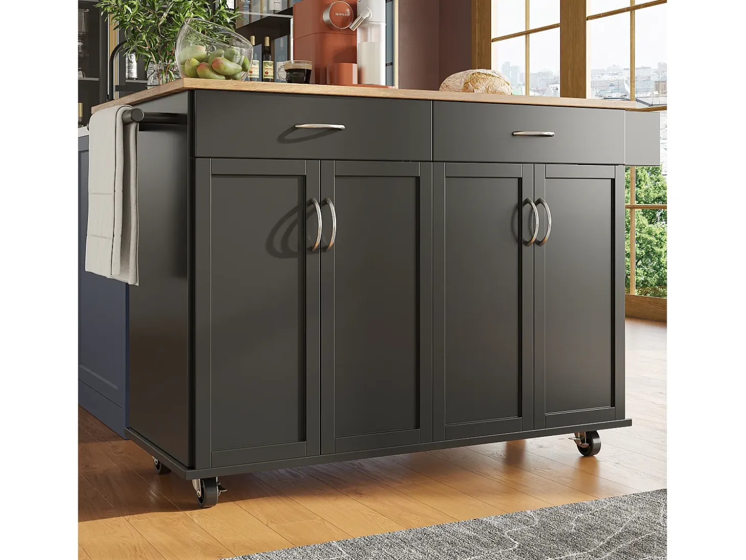 Isla de cocina móvil con 4 puertas y 2 cajones - Tablero extensible - 106x50(78)x90,5cm - Madera MDF - Negro y natural