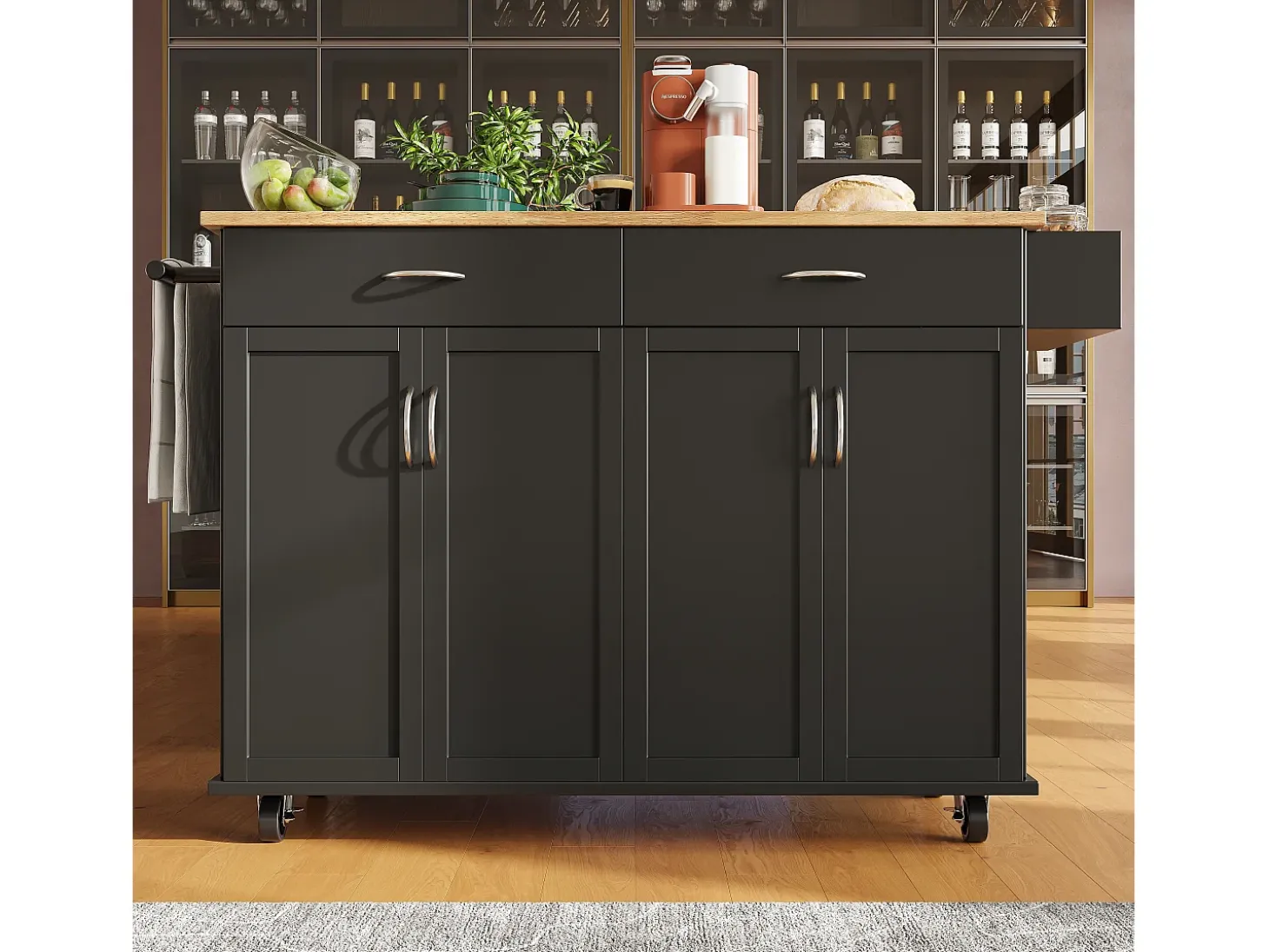 Isla de cocina móvil con 4 puertas y 2 cajones - Tablero extensible - 106x50(78)x90,5cm - Madera MDF - Negro y natural