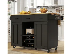 Isla de cocina móvil con 2 puertas, 3 cajones y botellero para 9 botellas - Tablero extensible - 124 x 40/65 x 91,5 cm - MDF - Negro