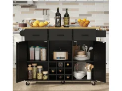 Isla de cocina móvil con 2 puertas, 3 cajones y botellero para 9 botellas - Tablero extensible - 124 x 40/65 x 91,5 cm - MDF - Negro