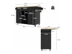 Isla de cocina móvil con 2 puertas, 3 cajones y botellero para 9 botellas - Tablero extensible - 124 x 40/65 x 91,5 cm - MDF - Negro