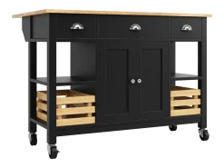 Isla de cocina móvil con 3 cajones, 2 puertas y cesto de almacenaje - encimera extensible - 120x45/73x90 cm - Madera MDF - Negro
