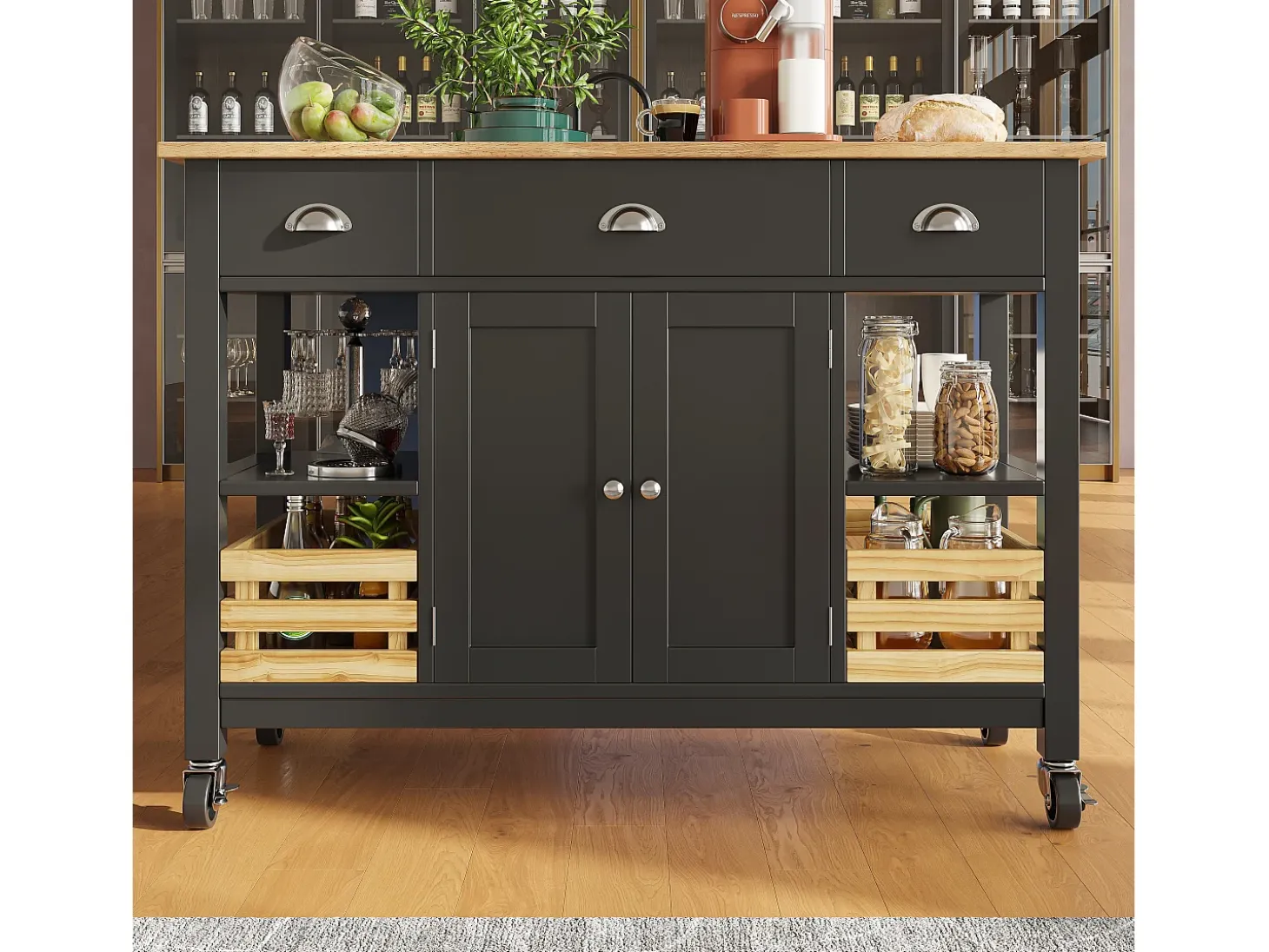 Isla de cocina móvil con 3 cajones, 2 puertas y cesto de almacenaje - encimera extensible - 120x45/73x90 cm - Madera MDF - Negro